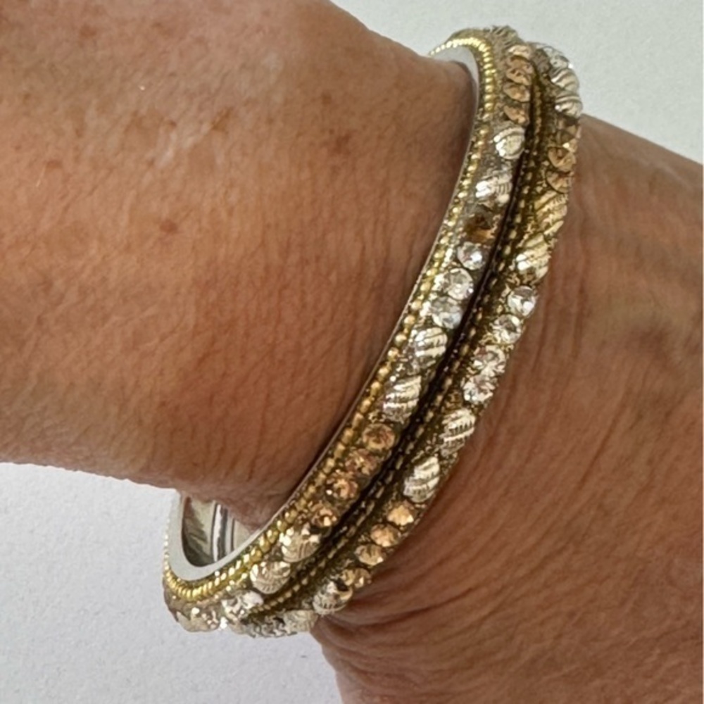 Anthropologie gold silver crystal beaded skinny bangle bracelets NWOT Set of 2
